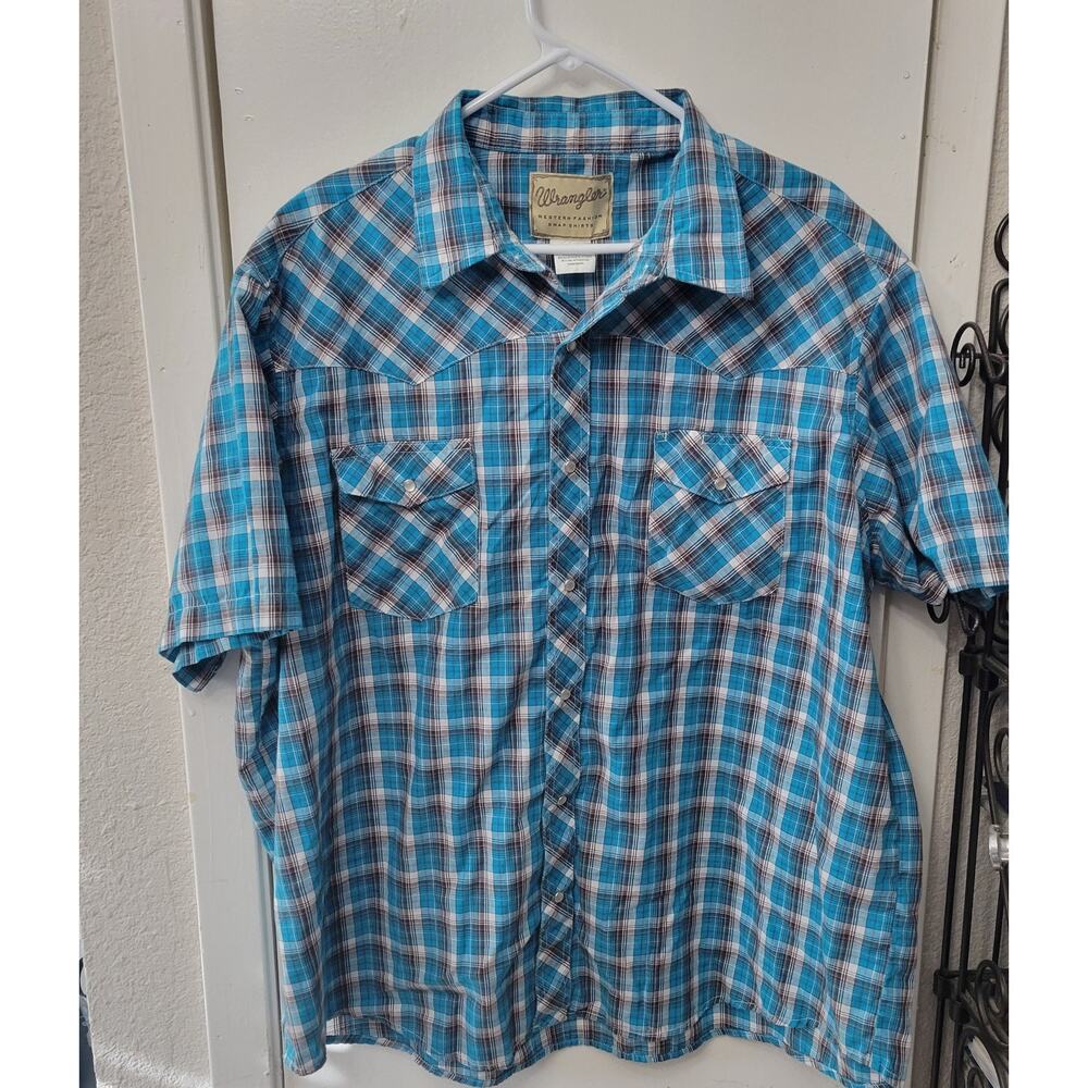 Wrangler Pearl Snap Western Turquoise White Plaid Short Sleeve Men's Shirt 2XL